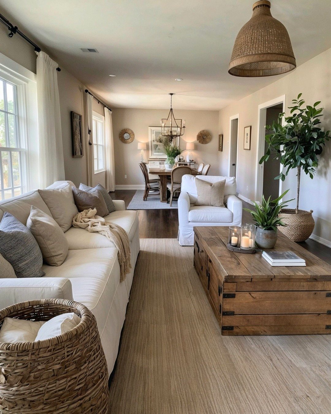 Neutral country living room with white sofa, wooden coffee table, and open walkways.