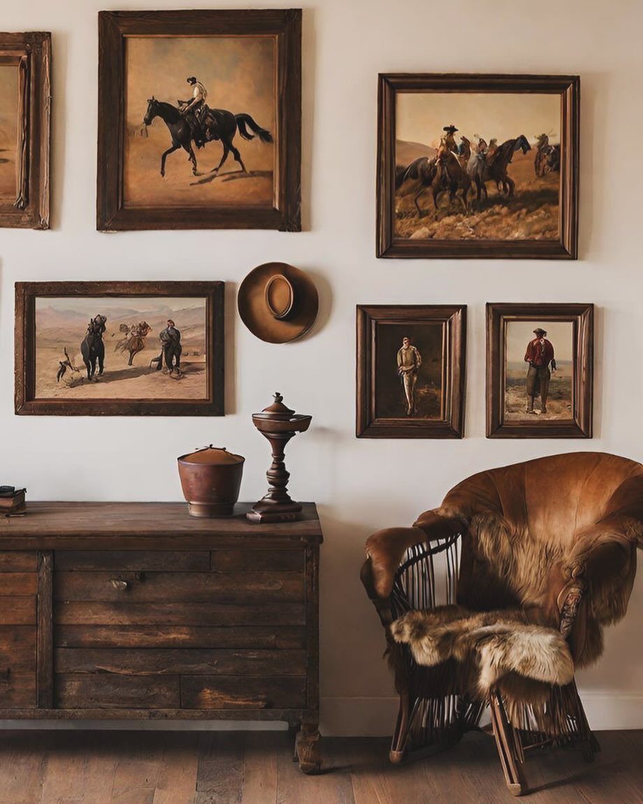 Rustic living room corner with vintage equestrian paintings and a leather chair.