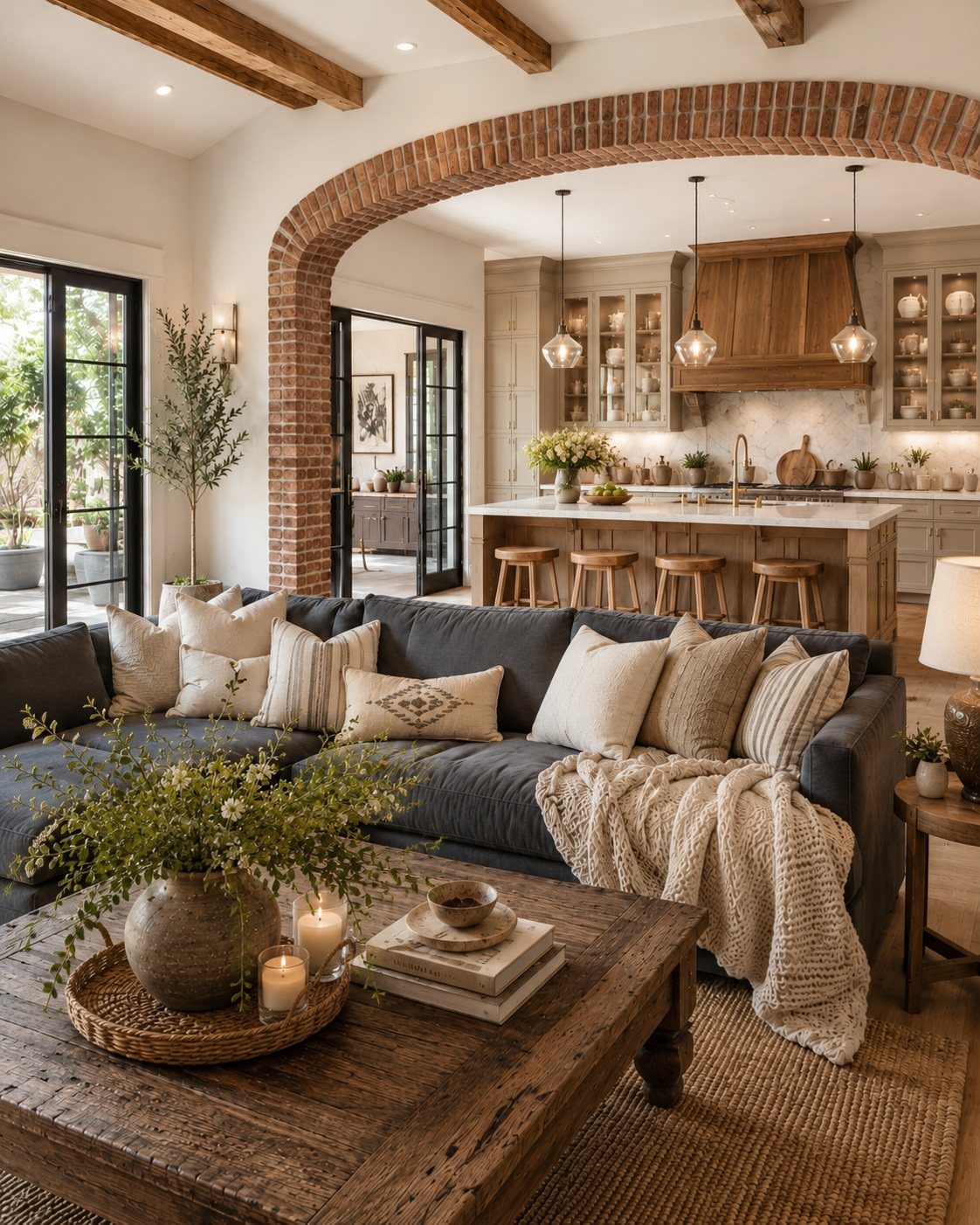Rustic living room with grey sofa and wooden coffee table near a brick archway