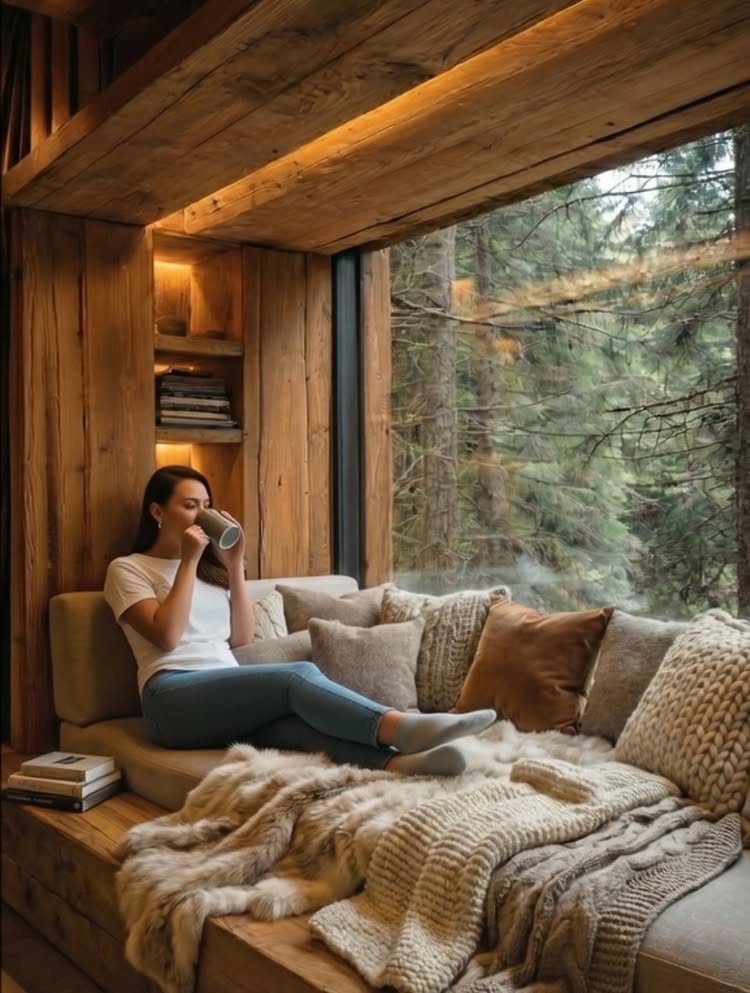 Woman relaxing on a cozy wooden window seat with pillows and blankets overlooking forests