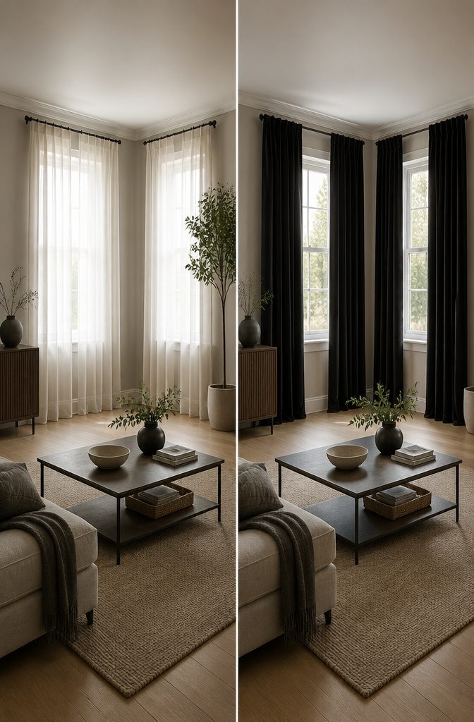 Curtains for Living Room Two Windows: Styles, Fabrics and Hanging Tips (2026) 3 Two windows covered with heavy blackout curtains in a modern living room.