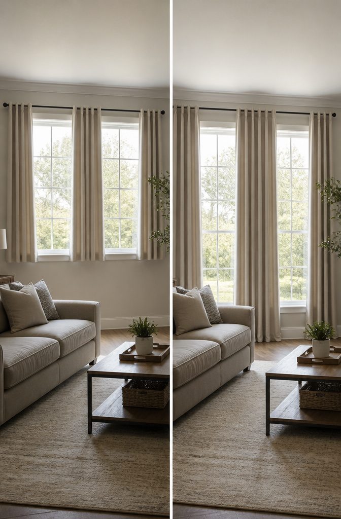 Curtains for Living Room Two Windows: Styles, Fabrics and Hanging Tips (2026) 12 Two windows dressed with floor-length curtains just touching the floor.