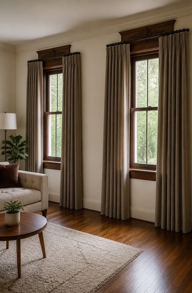Curtains for Living Room Two Windows: Styles, Fabrics and Hanging Tips (2026) 7 Two custom-made curtains tailored for uniquely shaped living room windows.