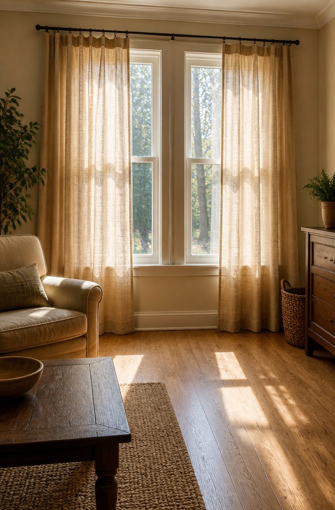 Curtains for Living Room Two Windows: Styles, Fabrics and Hanging Tips (2026) 2 Two side-by-side windows dressed with drop cloth curtains in a cozy setting.