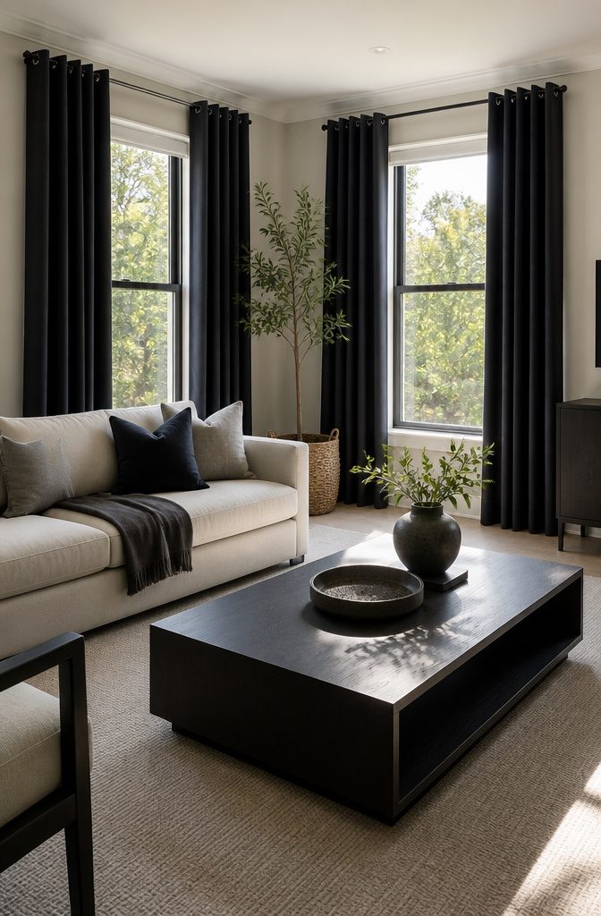 Curtains for Living Room Two Windows: Styles, Fabrics and Hanging Tips (2026) 9 Two tall windows adorned with deep charcoal grommet top curtains.
