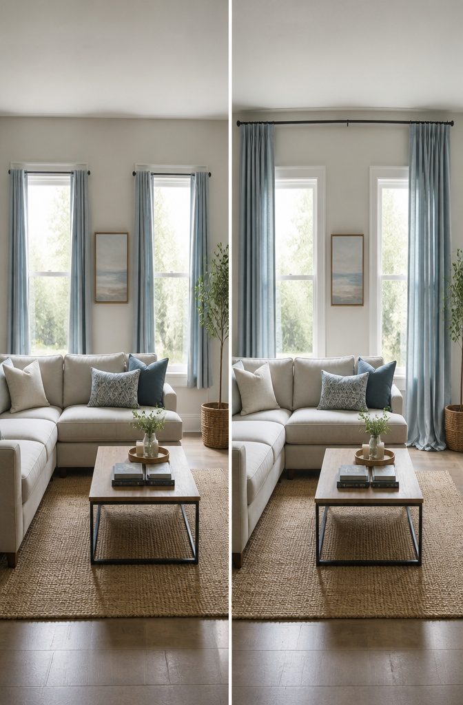 Curtains for Living Room Two Windows: Styles, Fabrics and Hanging Tips (2026) 11 Living room with two windows showing wider curtain rod placement.
