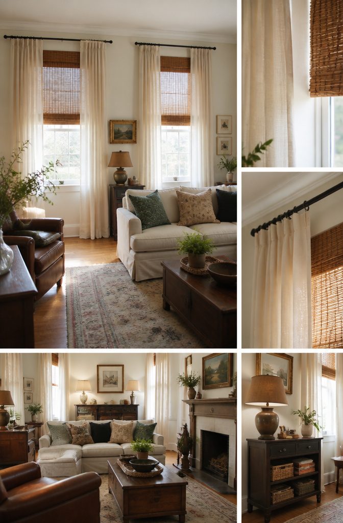 Curtains for Living Room Two Windows: Styles, Fabrics and Hanging Tips (2026) 14 Two windows featuring layered curtains and shades for added texture.