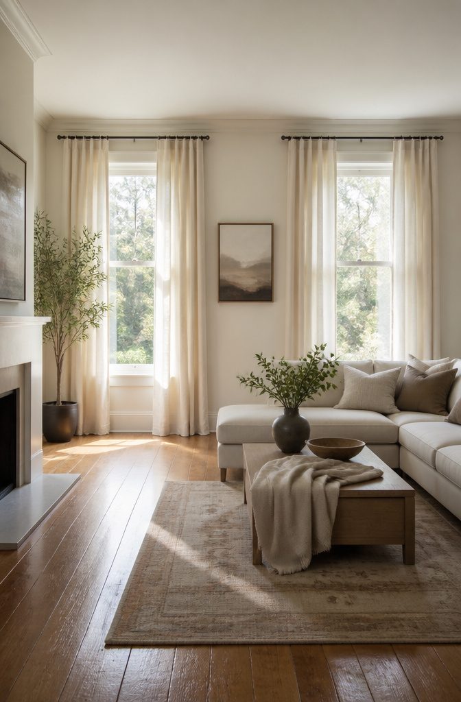 Curtains for Living Room Two Windows: Styles, Fabrics and Hanging Tips (2026) 4 Two side windows adorned with light, textured linen curtains.