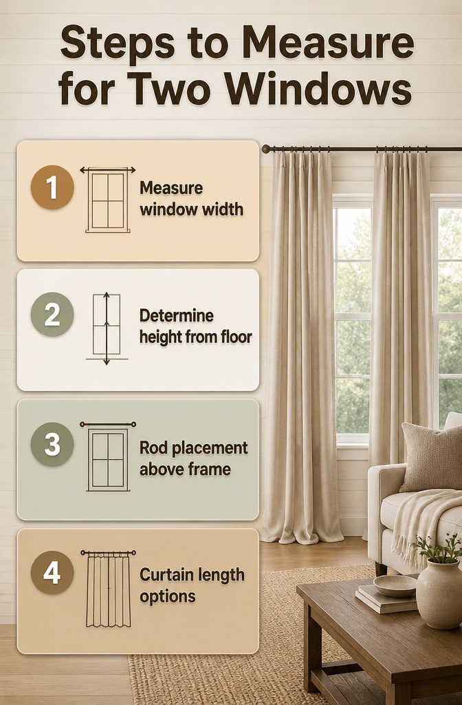 Curtains for Living Room Two Windows: Styles, Fabrics and Hanging Tips (2026) 10 Diagram showing steps to measure for two window curtains.