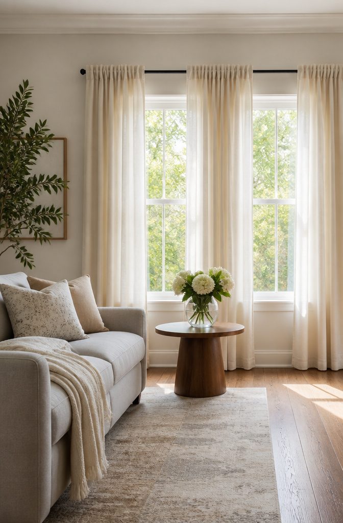 Curtains for Living Room Two Windows: Styles, Fabrics and Hanging Tips (2026) 8 Two windows with soft cream rod pocket curtains in a bright living room.