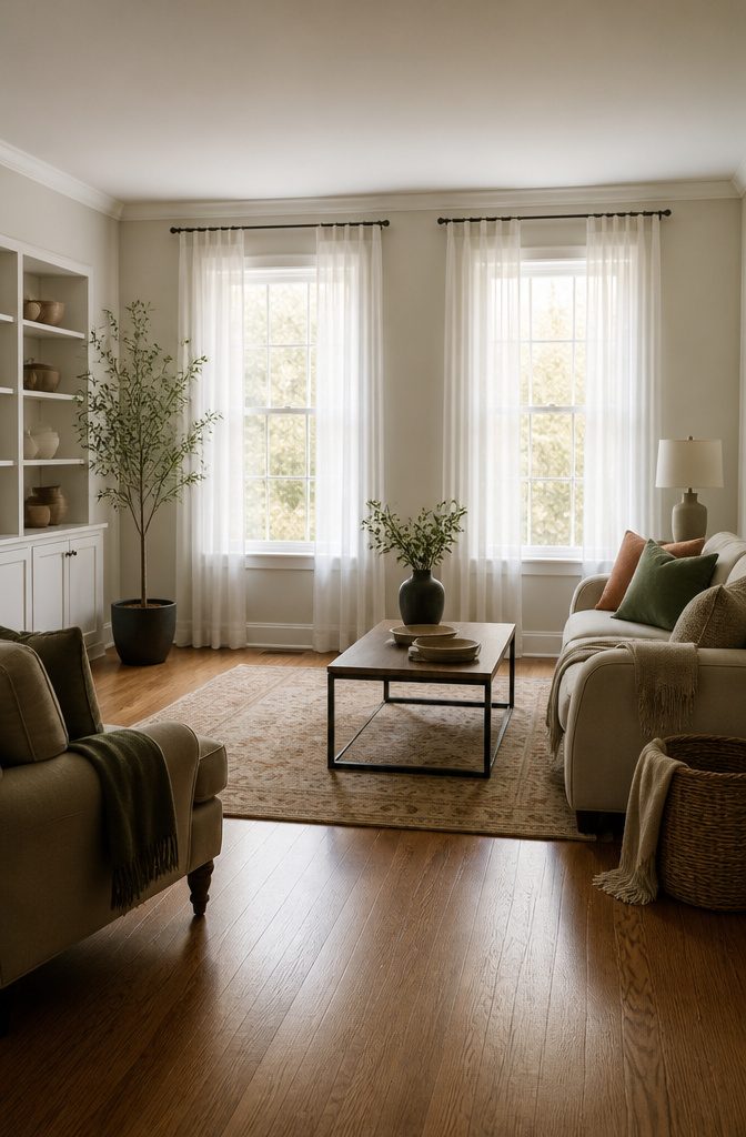 Curtains for Living Room Two Windows: Styles, Fabrics and Hanging Tips (2026) 6 Two windows dressed with sheer curtains allowing soft light in.