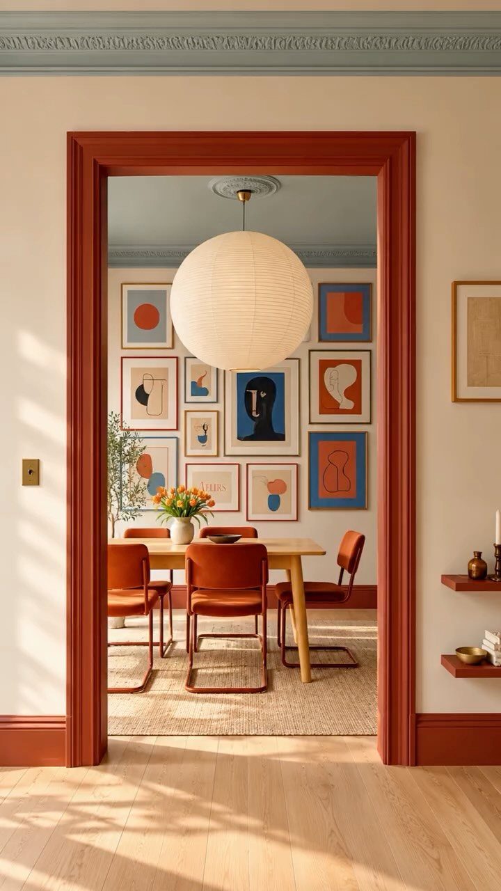 Dining room with red door frame, orange chairs, and colorful abstract gallery wall.