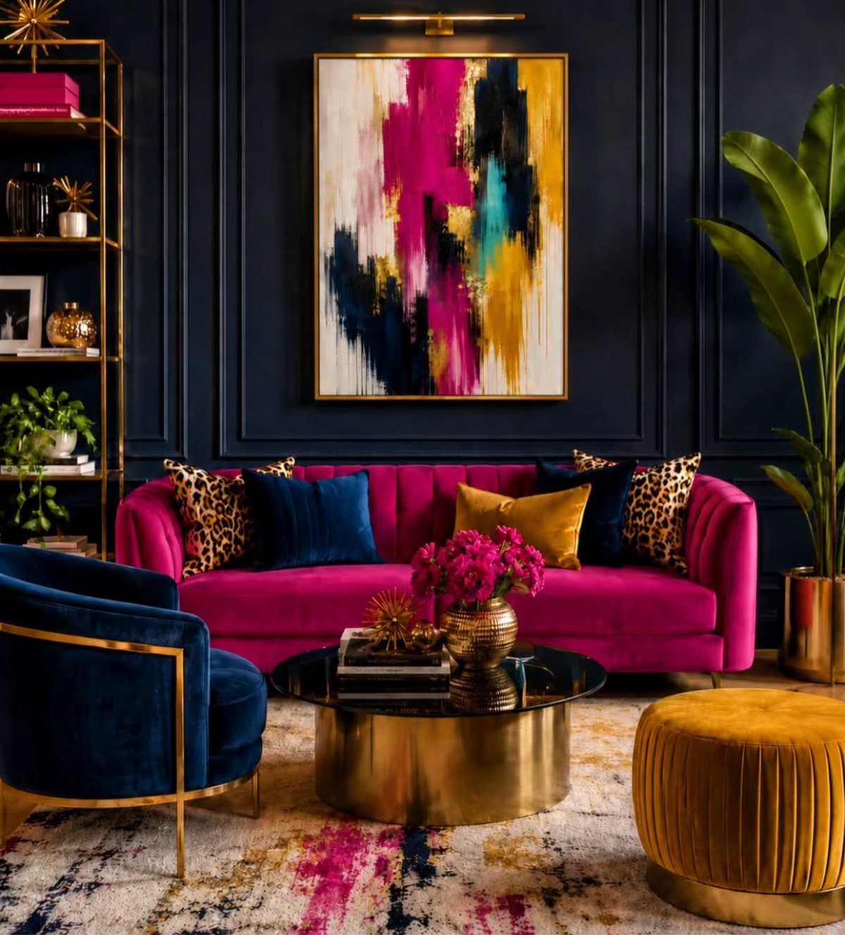 Magenta velvet sofa and colorful abstract art in a dark navy blue living room.