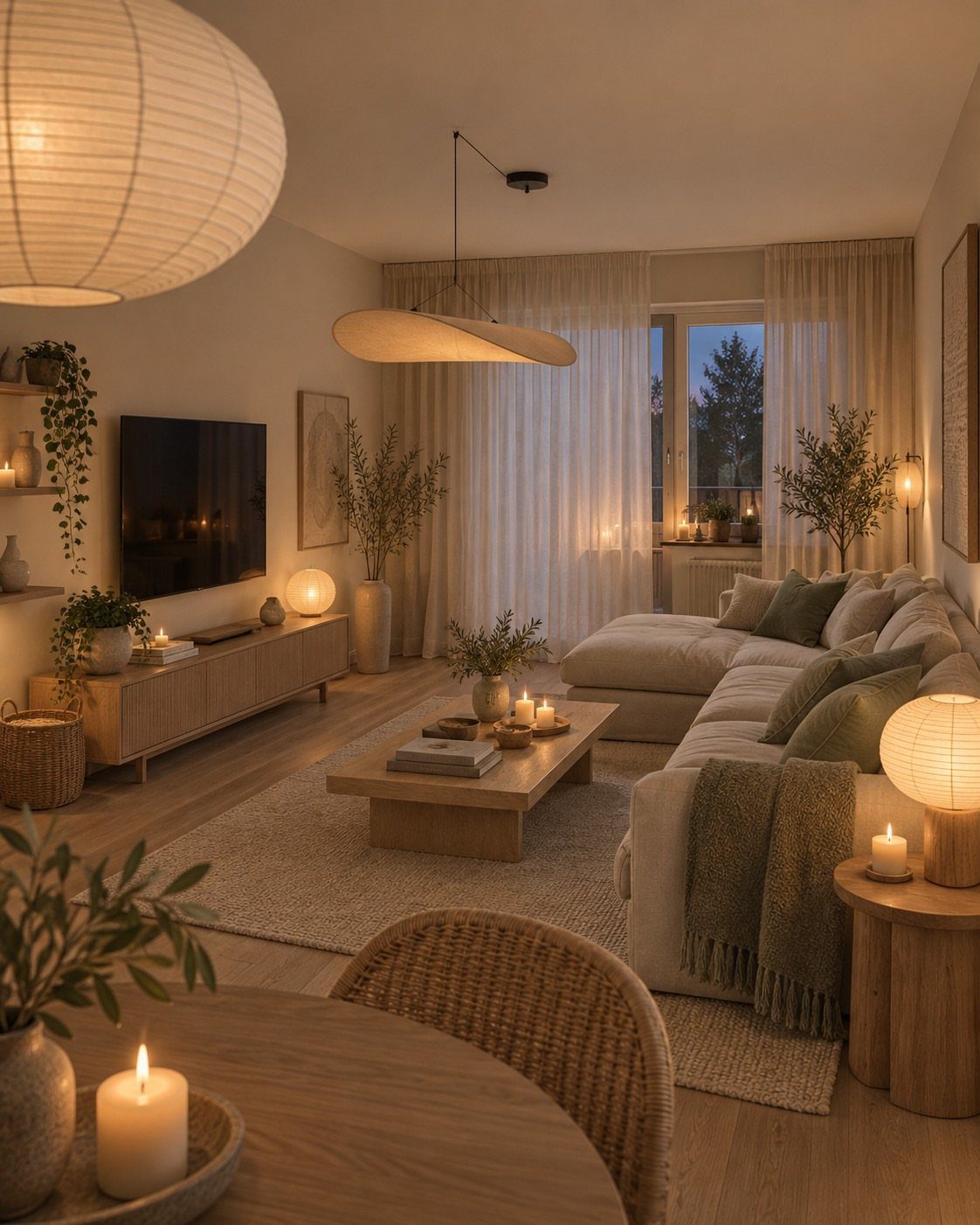 Beige living room with layered neutral tones, cream sofa, and warm ambient lighting.