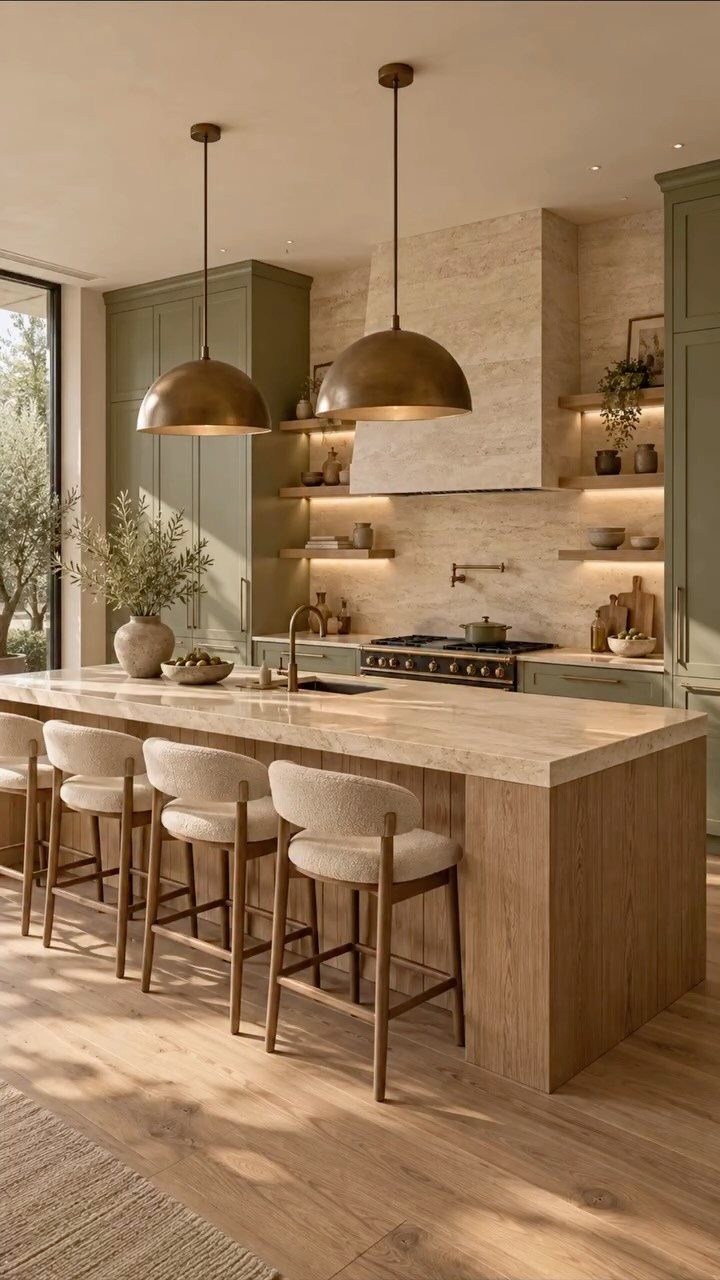 Modern kitchen with sage green cabinets, wooden island, and bronze pendant lighting.