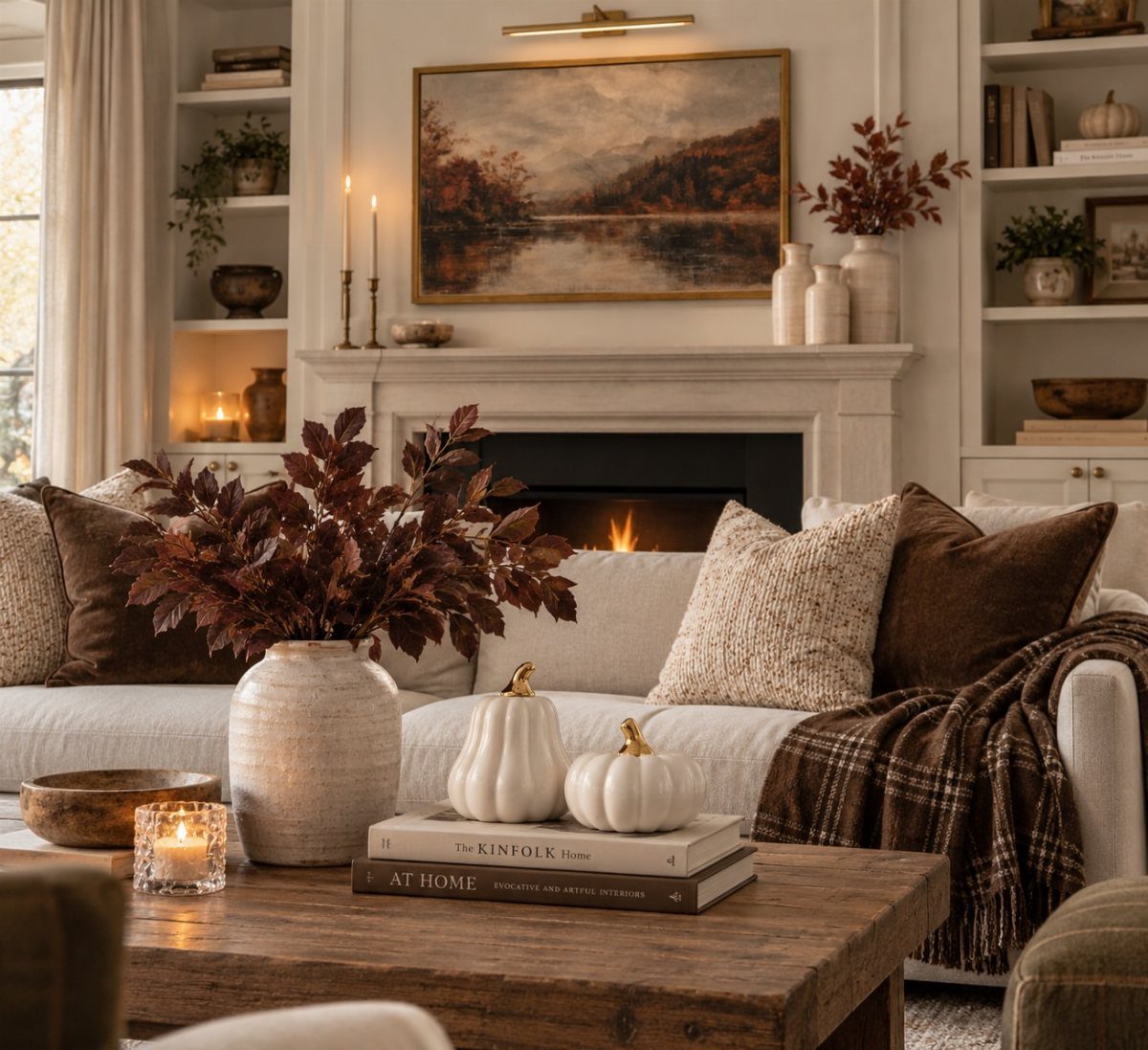 White sofa and cream walls decorated with brown autumn accents and white pumpkins.