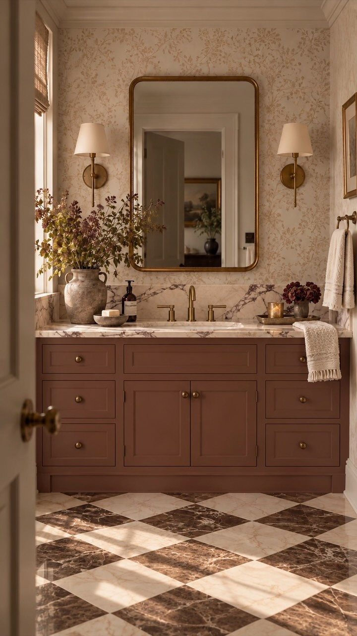 Brown painted bathroom cabinetry with marble countertop and checkered marble flooring
