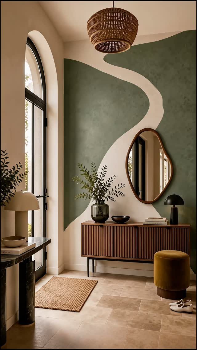Green organic painted wall design in a modern room with wooden furniture and mirror