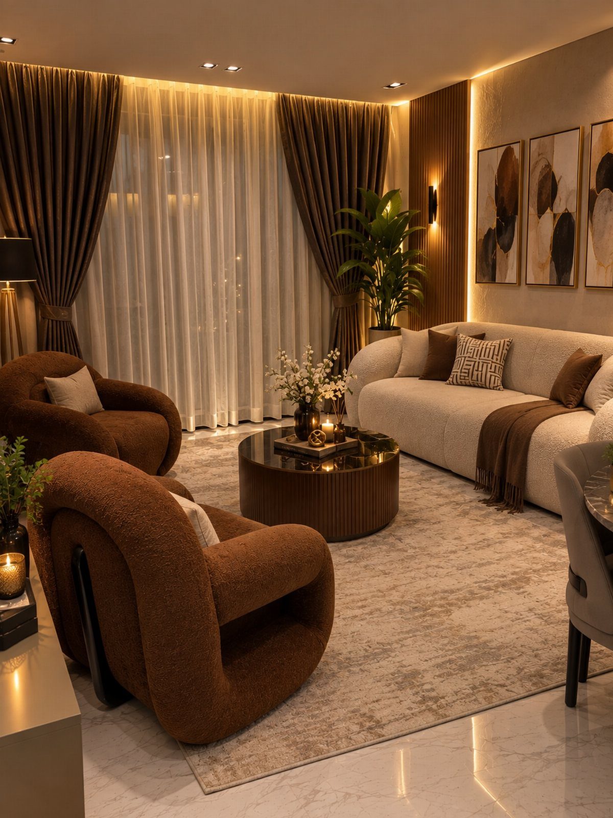 Chocolate brown swivel chairs and coffee table in a warm, neutral modern living room.