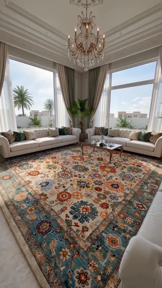 Colorful patterned area rug in a bright living room with white sofas.