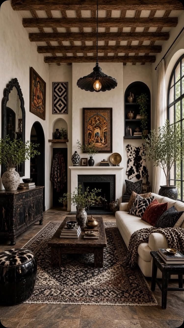 Living room featuring a patterned rug and decorative pillows on a white sofa.