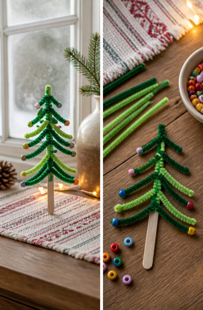 A pipe cleaner Christmas tree ornament with green pipe cleaners and beads.
