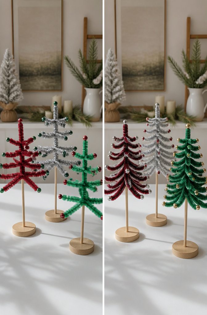 Pipe cleaners in different colors arranged for Christmas tree crafting.