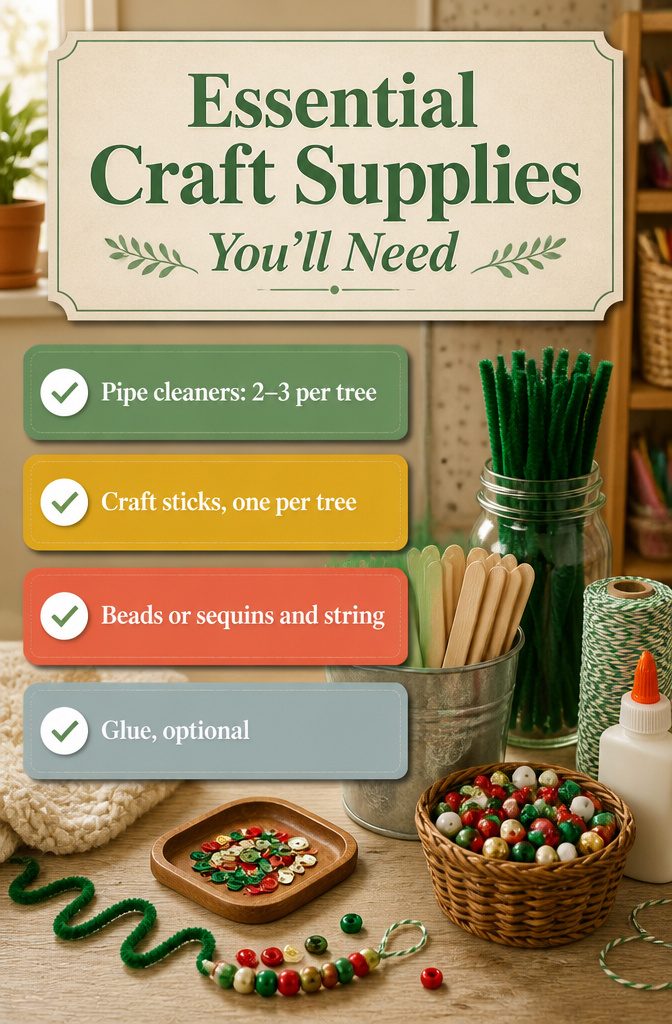A display of craft supplies including pipe cleaners, craft sticks, and beads.