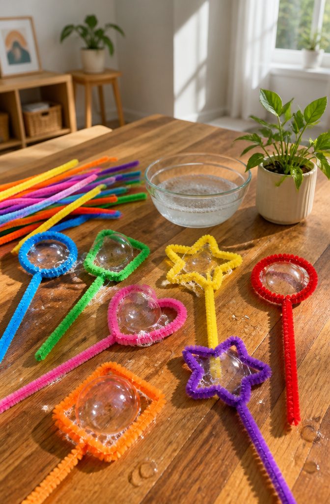 A set of colorful bubble wands made from pipe cleaners in various shapes.