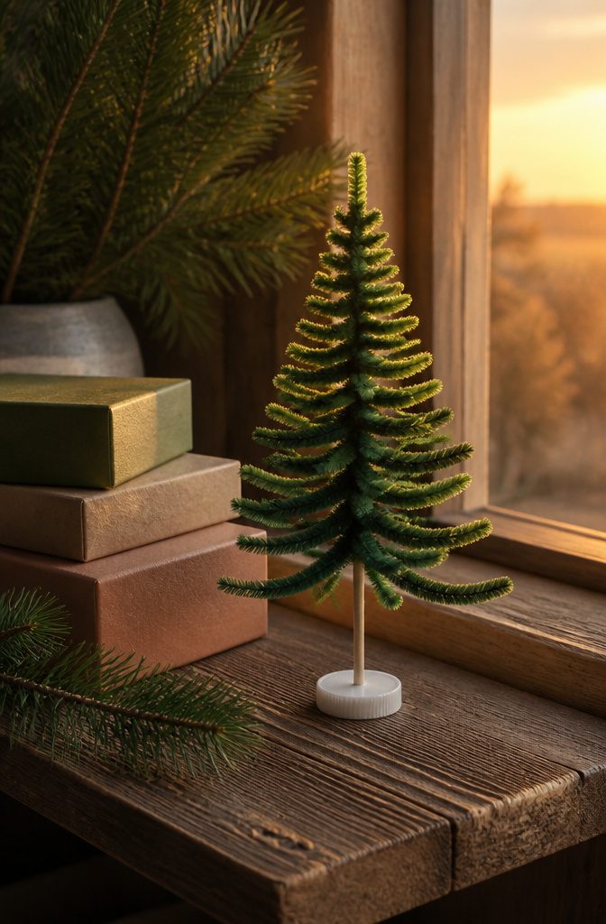 A freestanding pipe cleaner Christmas tree with a wooden skewer and a plastic cap.