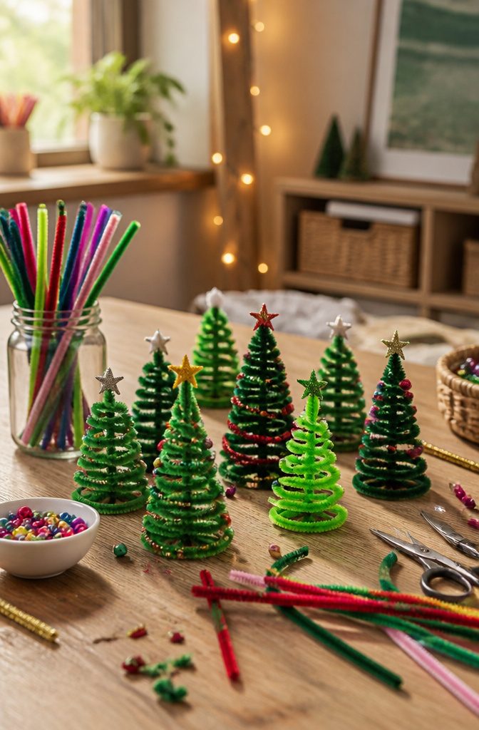A workspace with pipe cleaners and crafts, showcasing small Christmas tree creations.