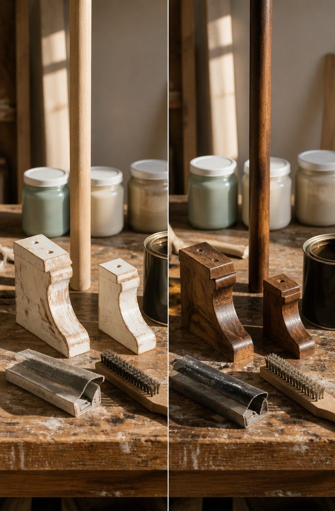 Distressed wooden brackets and sanding tools on a work surface.