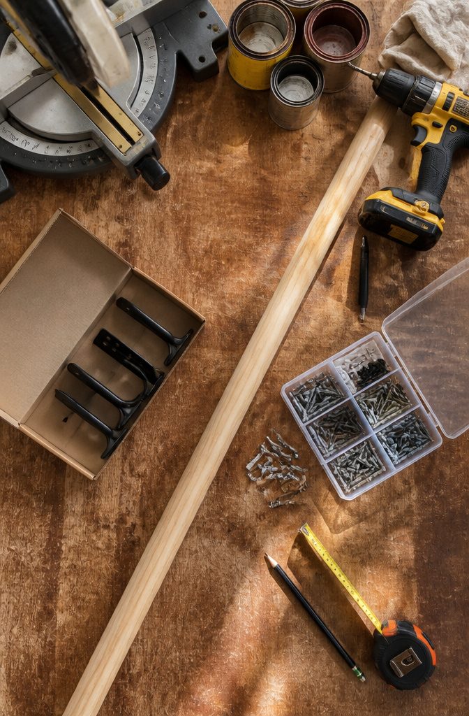 Wood dowel and brackets on a workbench for DIY curtain rods.