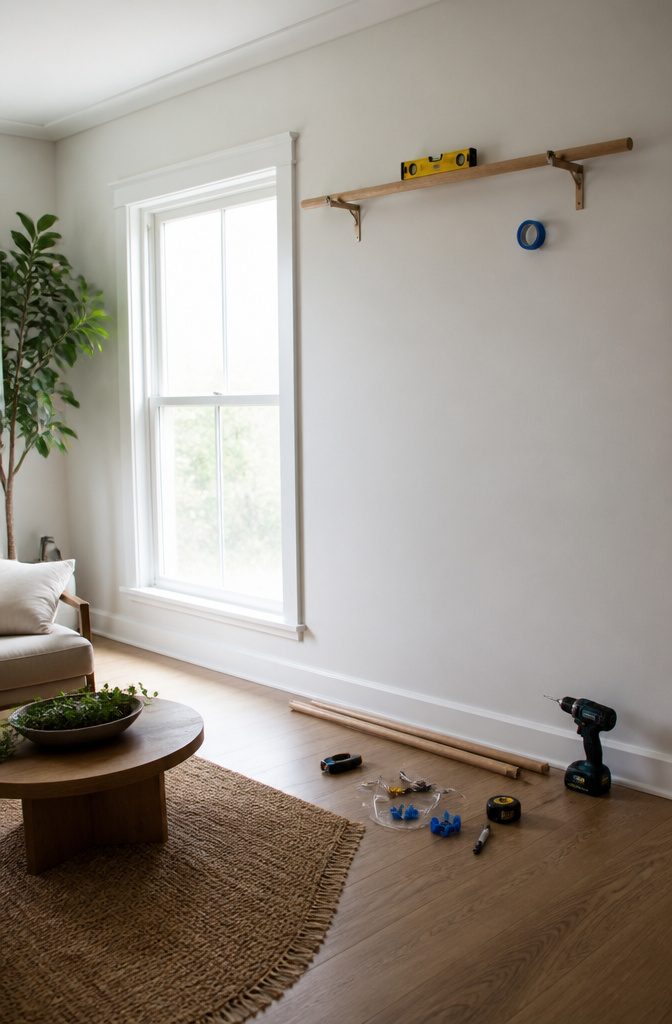 Leveling brackets on a wall to ensure proper installation.