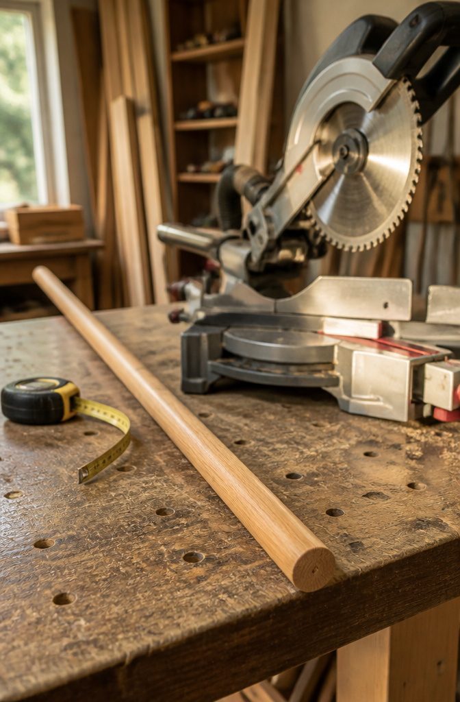 Wooden dowel with a pencil mark and tools on a workbench.