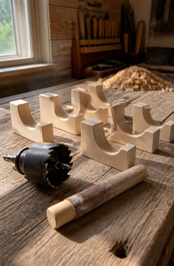 Sanded wooden brackets and a hole saw on a rustic wooden surface.