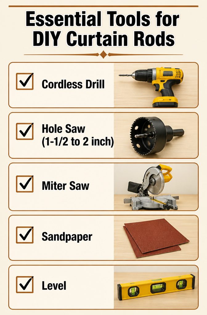 Cordless drill, hole saw, miter saw, and other tools on a table.