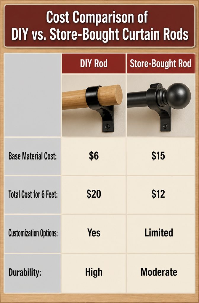 Chart comparing costs of DIY and store-bought curtain rods.