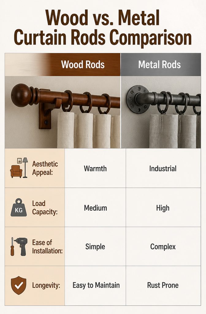 Comparison of wood and metal curtain rods side by side.