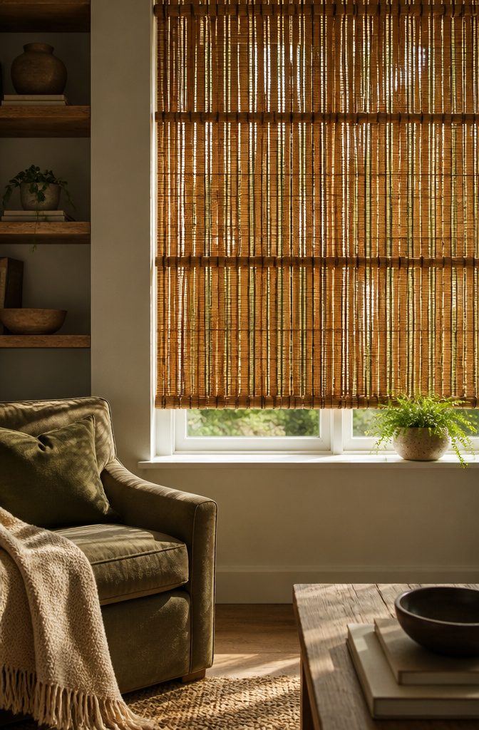 Bamboo blinds hung in a window, casting shadows from natural bamboo.