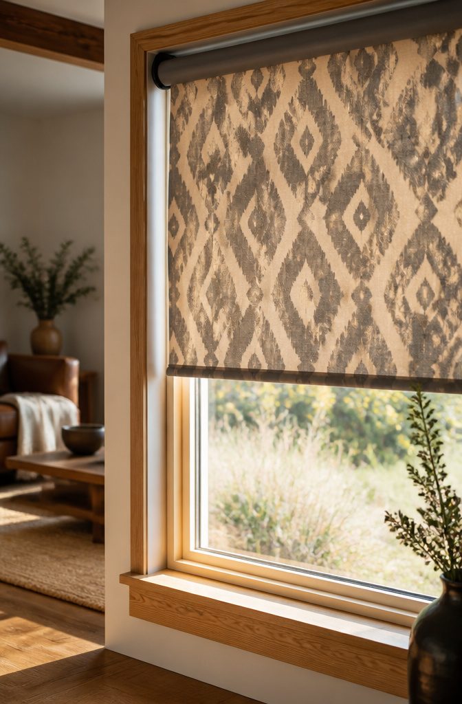 DIY roller shade with contemporary pattern hanging in a well-lit window.