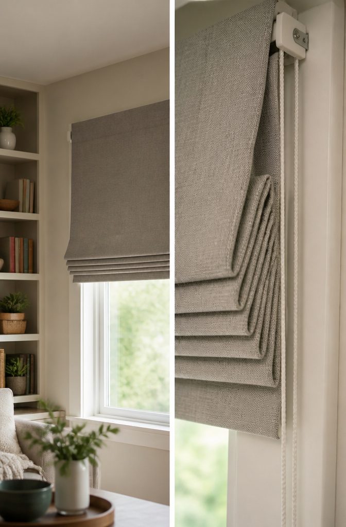 Roman shades made from fabric, displaying horizontal pleats in a window.