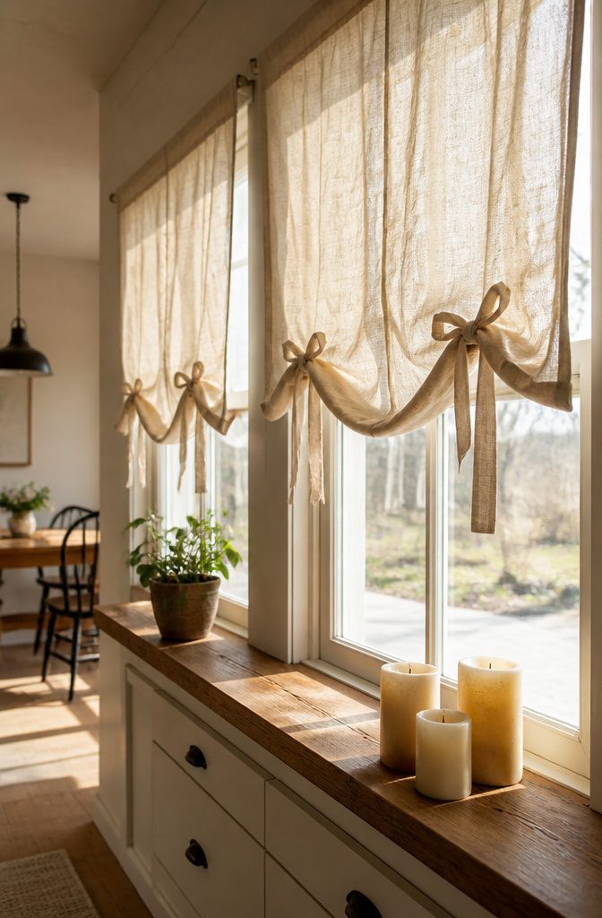 DIY tie-up shades with decorative bows made from washed linen.