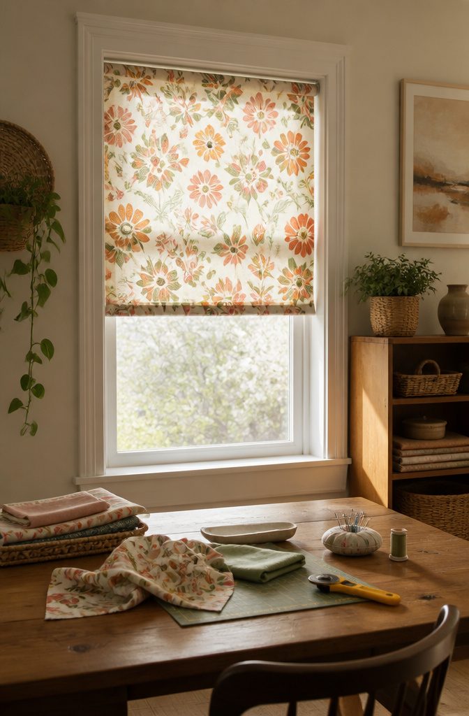 Fabric-covered window shade mounted above a table with crafting supplies.