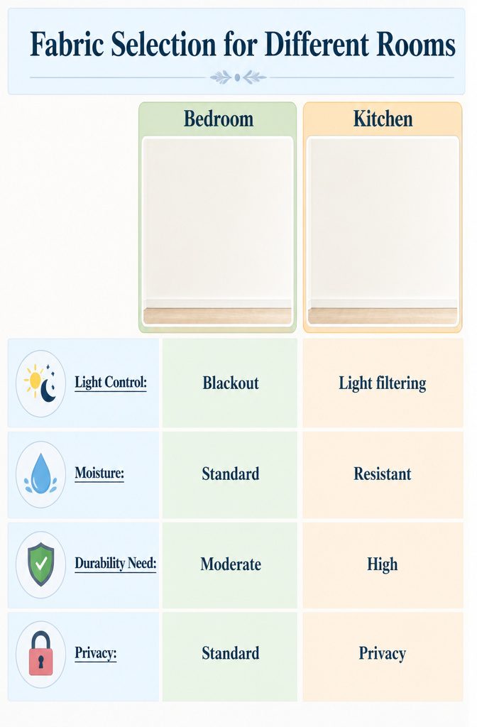Table showing fabric selection for different rooms and their needs.