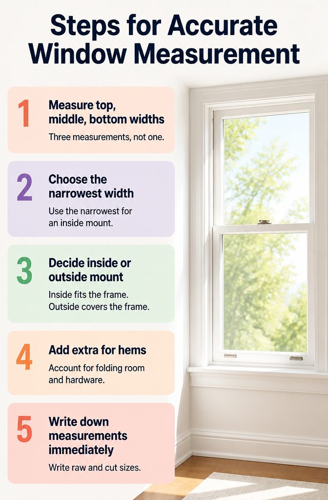 Steps for accurate window measurement displayed with measuring tape.