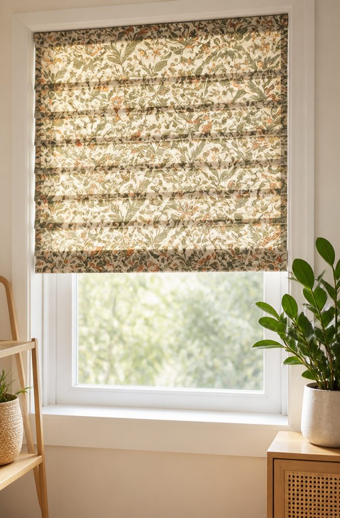 Vinyl mini blind covered with medium-weight cotton fabric in a window.