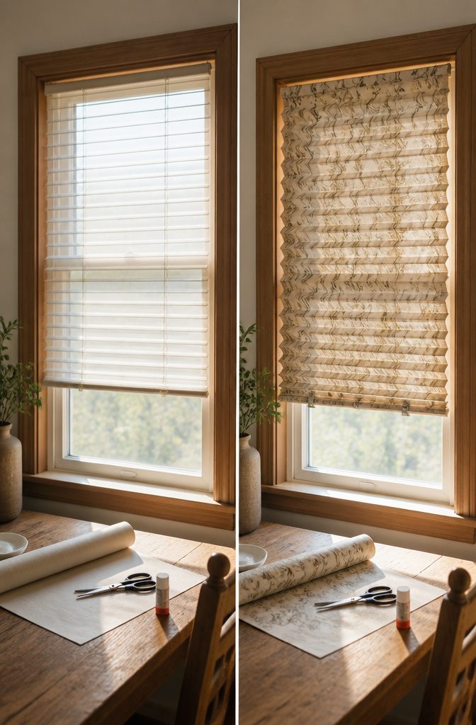Temporary pleated paper shades made from kraft paper in a window.
