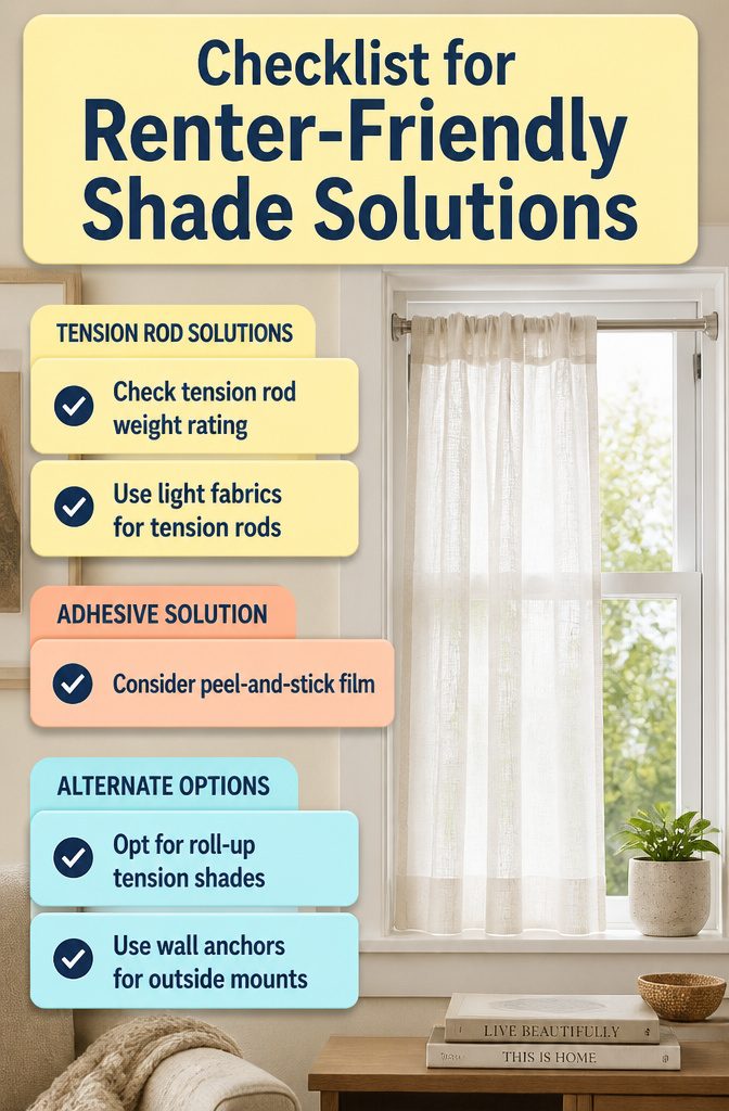 Checklist for renter-friendly shade solutions displayed on paper.