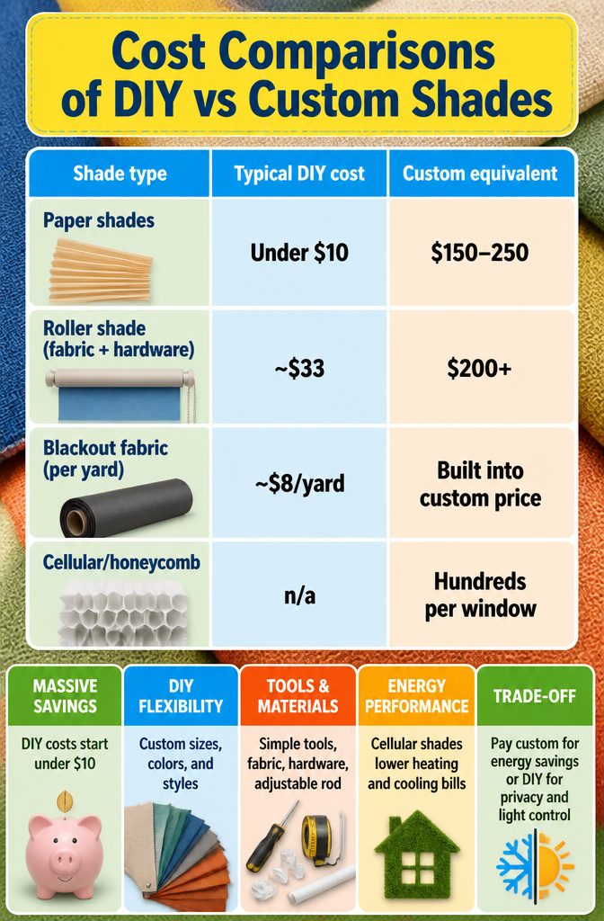 Cost comparisons of DIY shades versus custom shades on a chart.